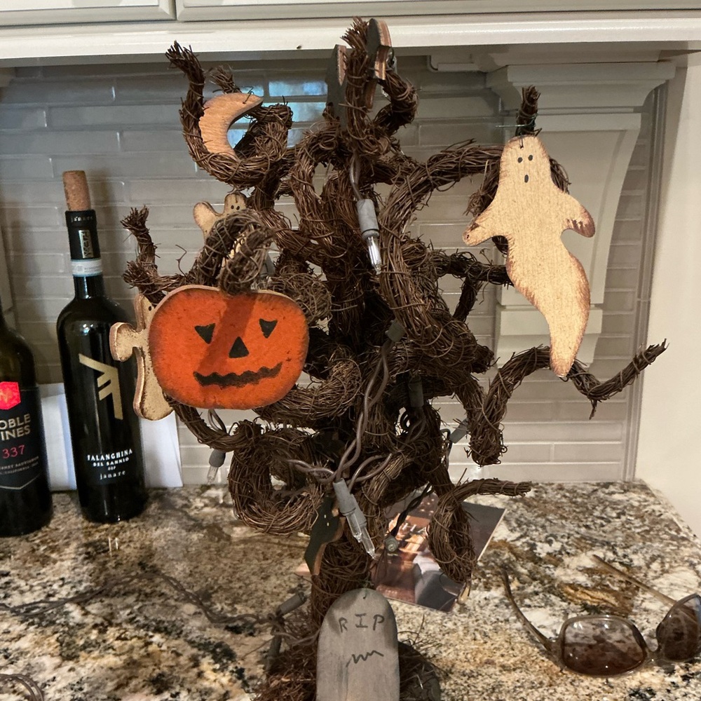 Halloween Tree with Ghost and Pumpkin Ornaments
